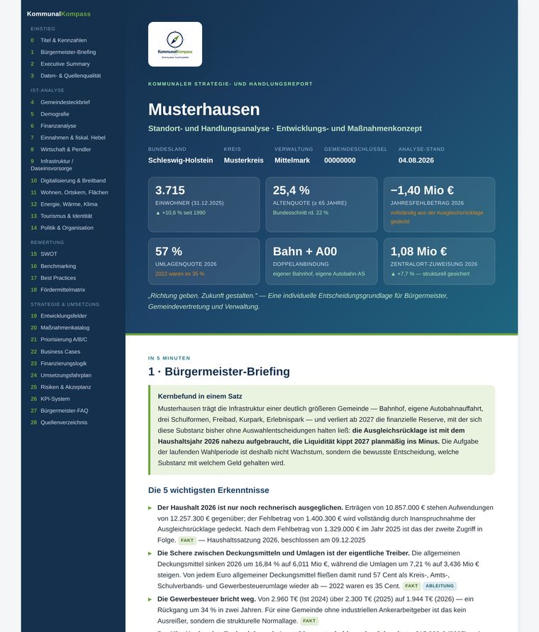 Deckblatt des Strategieberichts mit Kapitelübersicht und Kennzahlen